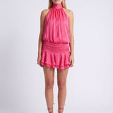 Halter Mini Dress with Pleated Waist and Ruffle Hem