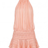 Halter Mini Dress with Pleated Waist and Ruffle Hem