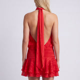 Halter Mini Dress with Pleated Waist and Ruffle Hem