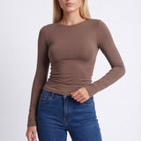 Ruched Long-Sleeve Crop Top with Crew Neck