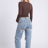 Ruched Long-Sleeve Crop Top with Crew Neck