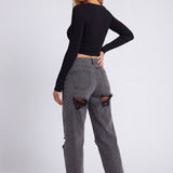 Ruched Long-Sleeve Crop Top with Crew Neck