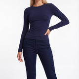 Ruched Long-Sleeve Crop Top with Crew Neck