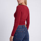 Ruched Long-Sleeve Crop Top with Crew Neck