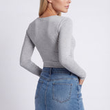 Ruched Long-Sleeve Crop Top with Crew Neck