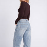 Ruched Long-Sleeve Crop Top with Crew Neck