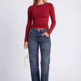 Ruched Long-Sleeve Crop Top with Crew Neck