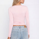 Ruched Long-Sleeve Crop Top with Crew Neck