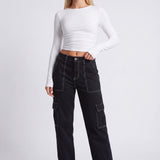 Ruched Long-Sleeve Crop Top with Crew Neck