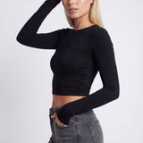 Ruched Long-Sleeve Crop Top with Crew Neck