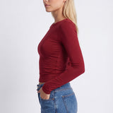Ruched Long-Sleeve Crop Top with Crew Neck