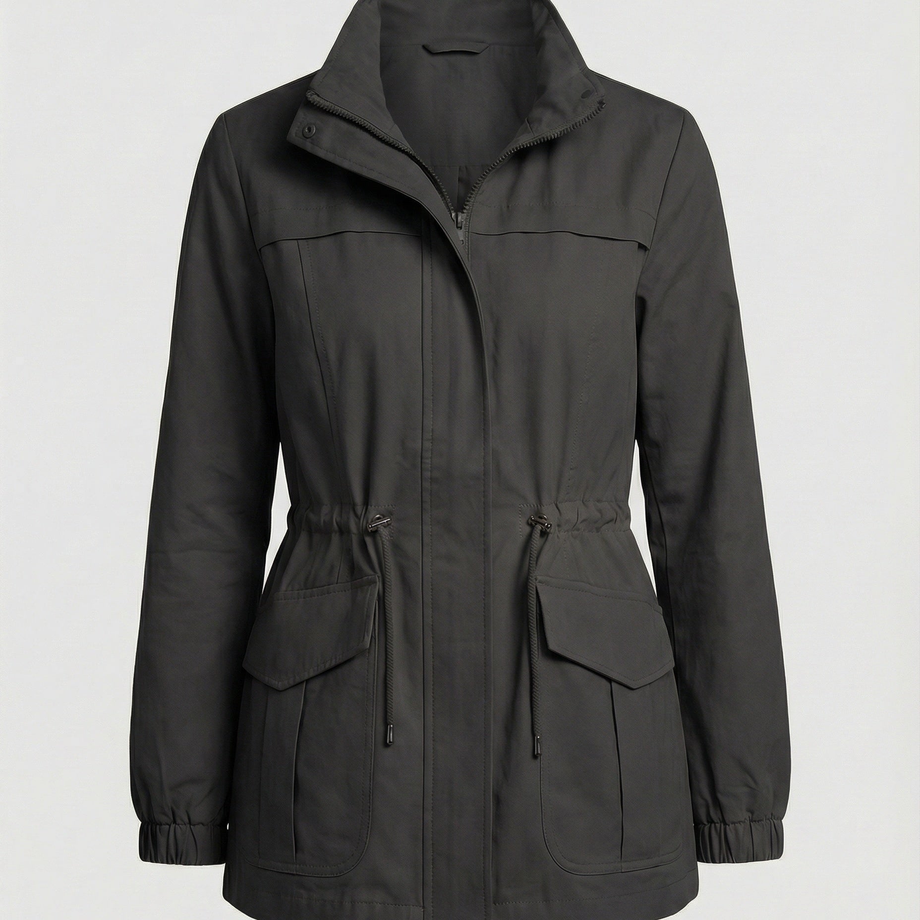 Zip Front Jacket with Flap Pockets and Stand Collar