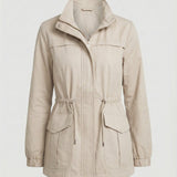 Zip Front Jacket with Flap Pockets and Stand Collar