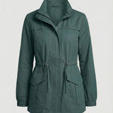 Zip Front Jacket with Flap Pockets and Stand Collar