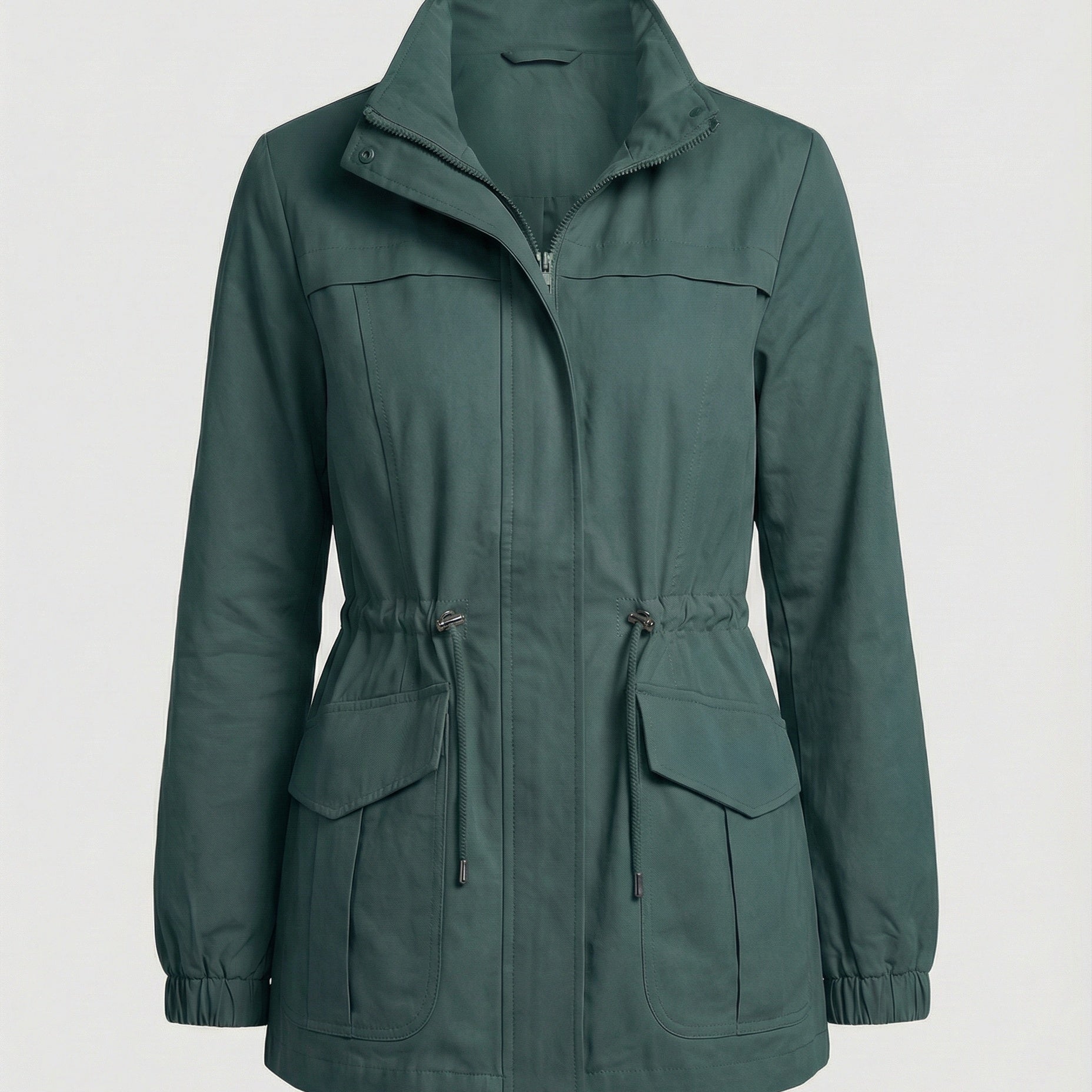 Zip Front Jacket with Flap Pockets and Stand Collar