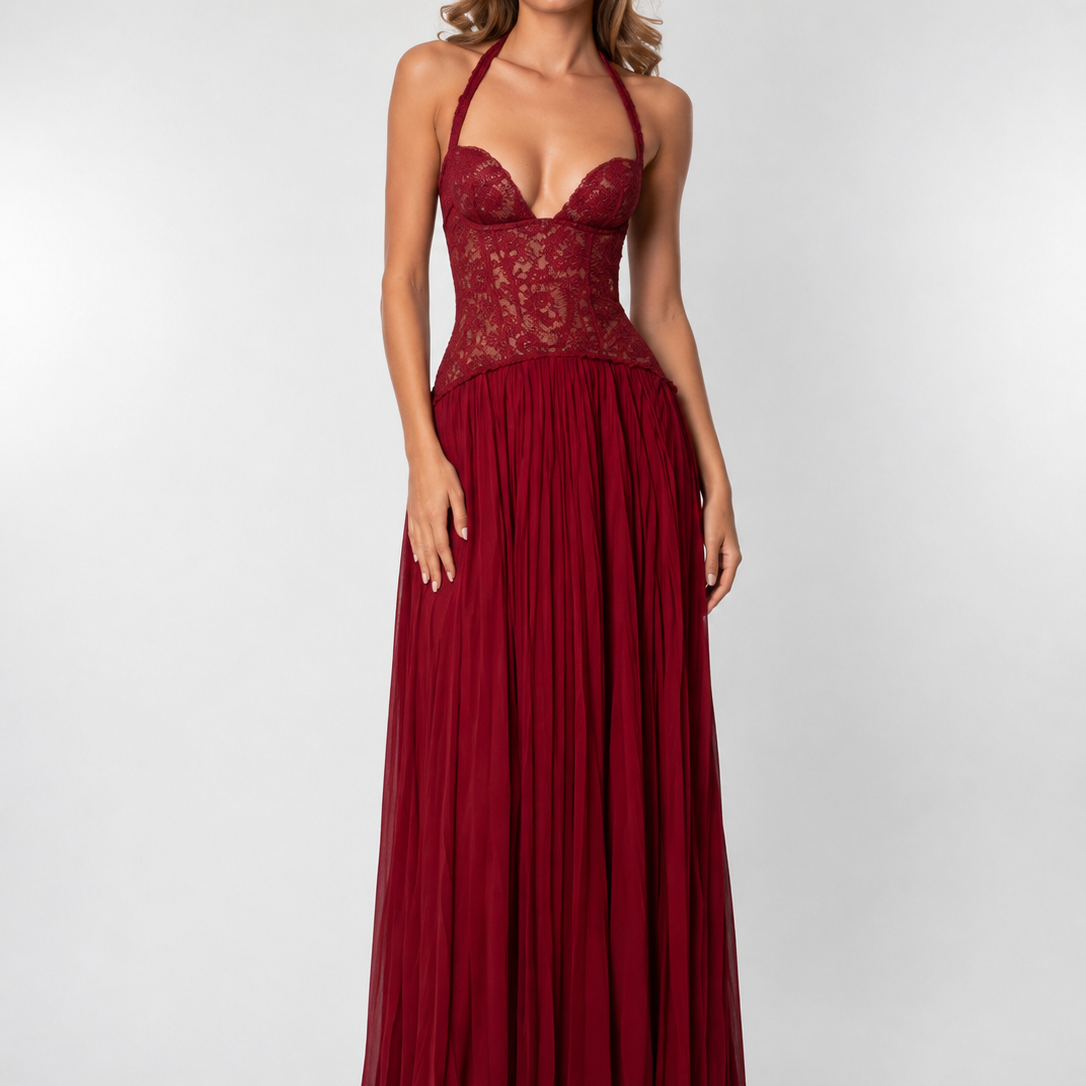 Corset Maxi Dress with Sweetheart Neckline and Pleated Skirt