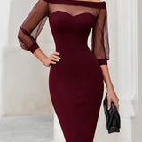 Bodycon Off-Shoulder Midi Dress with Mesh Sleeves