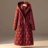 Long Hooded Puffer Coat with Quilted Pattern and Cinched Waist