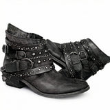 Studded Ankle Boots with Buckle Straps and Chain Detail