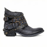 Studded Ankle Boots with Buckle Straps and Chain Detail