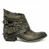 Studded Ankle Boots with Buckle Straps and Chain Detail