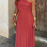 One-Shoulder Draped Maxi Wedding Guest Dress