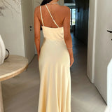One-Shoulder Satin Maxi Wedding Guest Dress with Thigh Slit