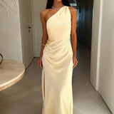 One-Shoulder Satin Maxi Wedding Guest Dress with Thigh Slit