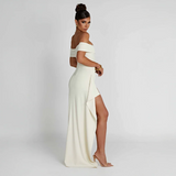 Ruched Off-Shoulder Maxi Dress with Side Slit