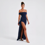 Ruched Off-Shoulder Maxi Dress with Side Slit