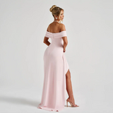 Ruched Off-Shoulder Maxi Dress with Side Slit