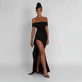 Ruched Off-Shoulder Maxi Dress with Side Slit
