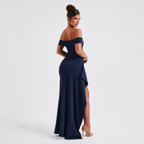 Ruched Off-Shoulder Maxi Dress with Side Slit