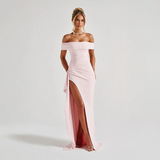 Ruched Off-Shoulder Maxi Dress with Side Slit