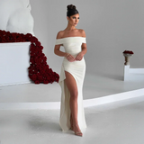 Ruched Off-Shoulder Maxi Dress with Side Slit