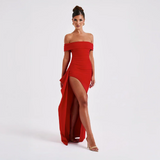 Ruched Off-Shoulder Maxi Dress with Side Slit