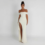 Ruched Off-Shoulder Maxi Dress with Side Slit