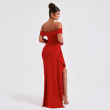 Ruched Off-Shoulder Maxi Dress with Side Slit