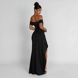 Ruched Off-Shoulder Maxi Dress with Side Slit