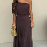 Off-Shoulder Mesh Maxi Wedding Guest Dress