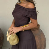 Off-Shoulder Mesh Maxi Wedding Guest Dress