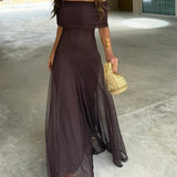 Off-Shoulder Mesh Maxi Wedding Guest Dress