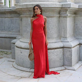 One-Shoulder Maxi Dress with Cape Sleeve