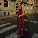 One-Shoulder Maxi Dress with Cape Sleeve