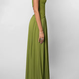 Pleated Lace Halter Maxi Wedding Guest Dress
