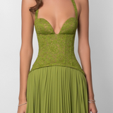 Pleated Lace Halter Maxi Wedding Guest Dress