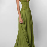 Pleated Lace Halter Maxi Wedding Guest Dress
