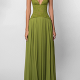 Pleated Lace Halter Maxi Wedding Guest Dress