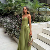Pleated Lace Halter Maxi Wedding Guest Dress