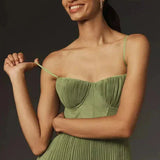 Pleated Midi Wedding Guest Dress with Spaghetti Straps